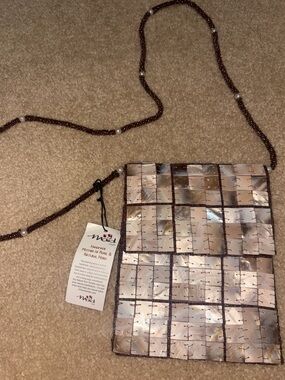 Mod Handmade Shell Mosaic Mother of Pearl Crossbody Bag with Brown Beaded Strap